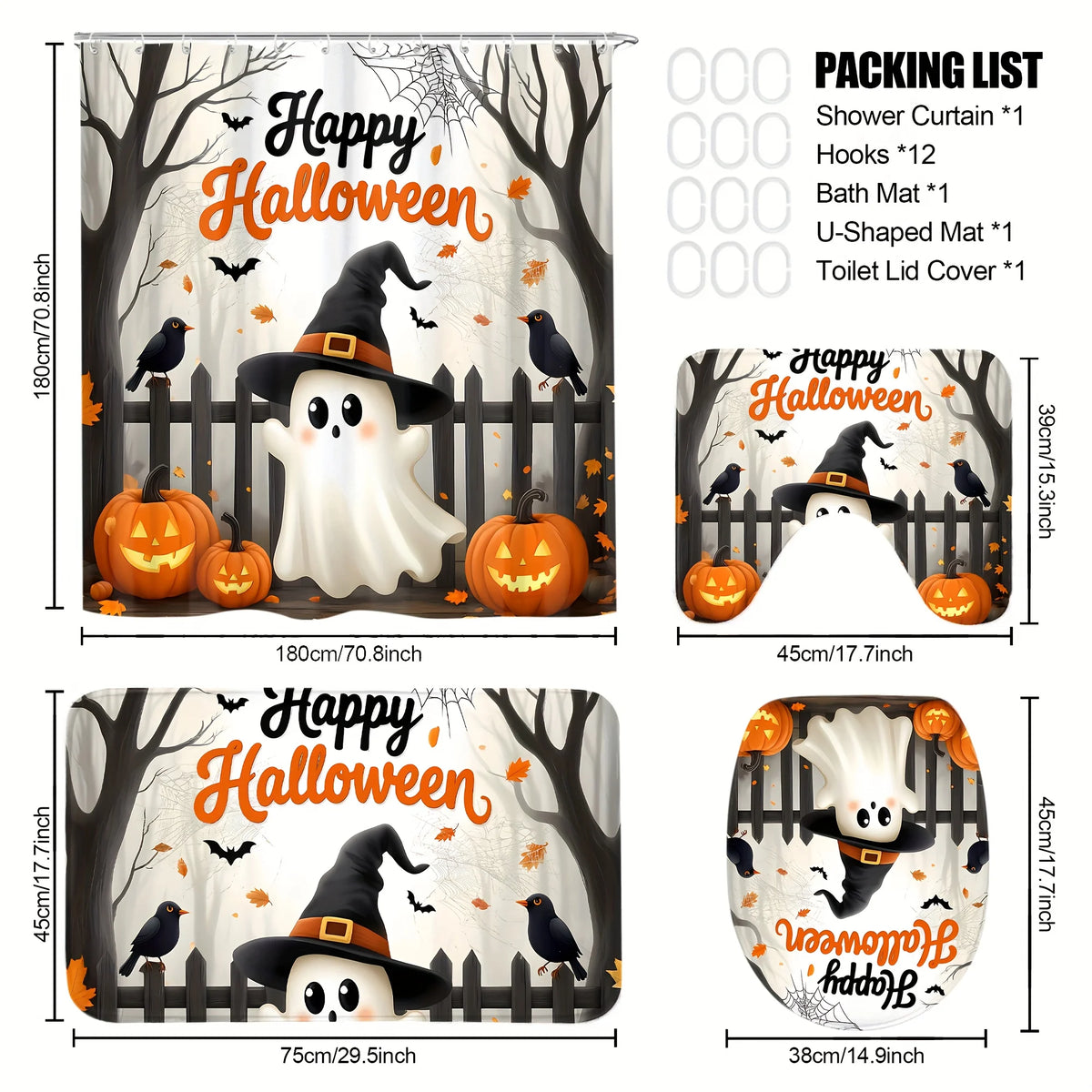 4pcs Halloween-Themed Shower Curtain Set Featuring Adorable Ghost Designs, Complete with Spooky Cartoon Ghosts, Bats, Pumpkins, And a Crow.This Fabric Shower Curtain Comes with a And 12 Hooks, Perfect for Bathroom Decor And A