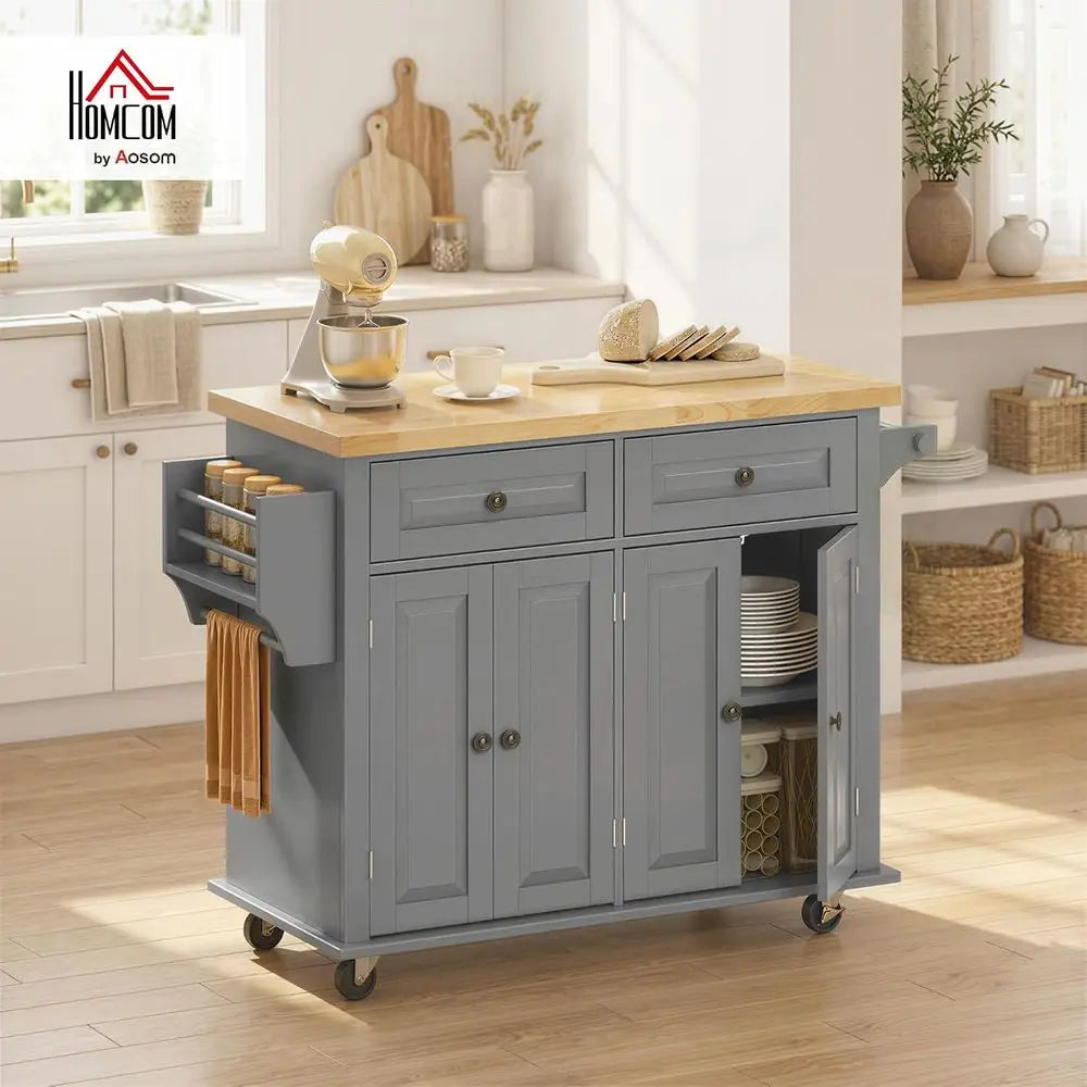 Kitchen Island Cart with Solid Wood Top, 44" Mobile Kitchen Island Table on Wheels with Storage Cabi, 2 Ders, Adjustable Shelves