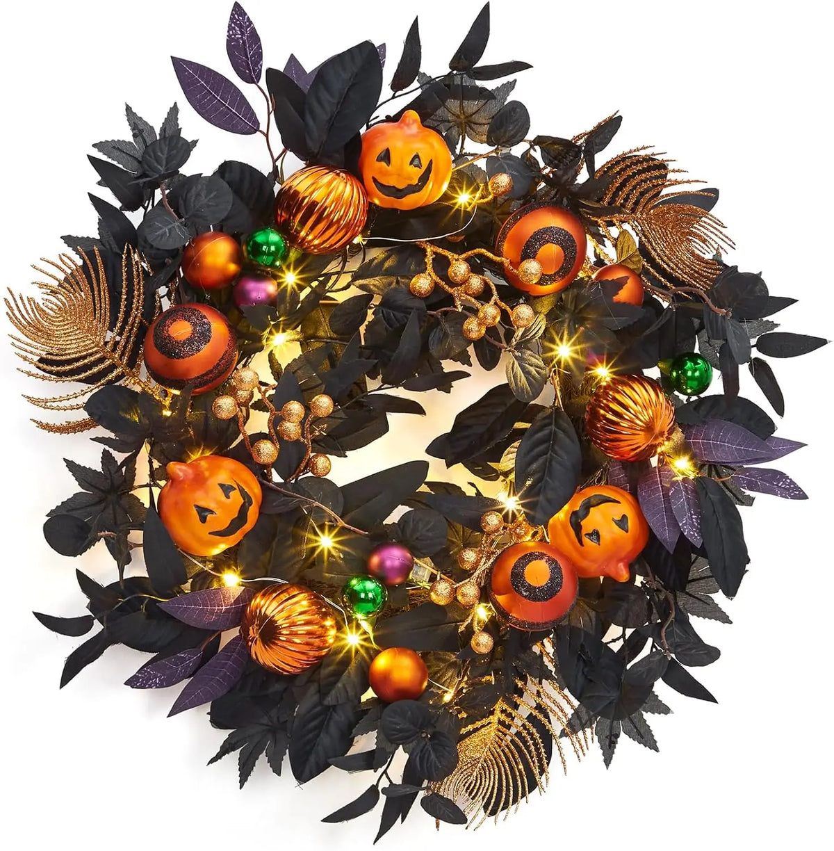 20" Halloween Pumpkin Wreath with 20 LED Lights, Ball Ornaments & Berries – Prelit Wreath for Front Door, Indoor Outdoor Window Hanging Decor