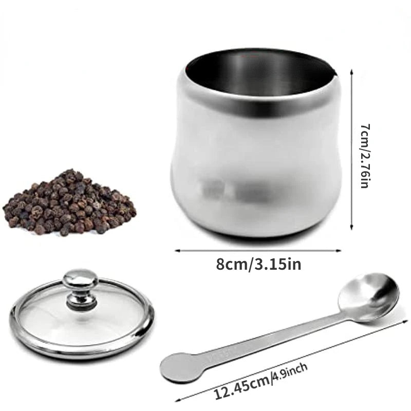 1Set 300ml Stainless Steel Sugar Bowl Coffee Seasoning Jar Condiment Pot Spice Container Canister Cruet with Lid and Spoon