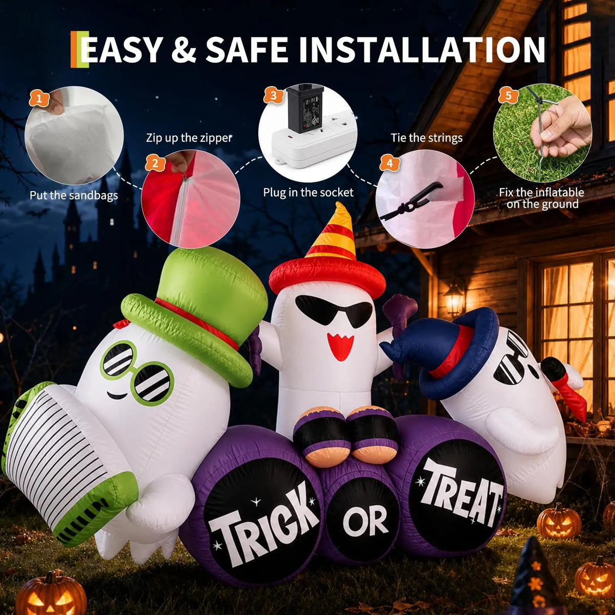 8FT Halloween Ghost Band Inflatable With 6 LED Lights Trick Or Treat Blow Up Outdoor Toy Decoration For Yard Lawn Porch Party Decor