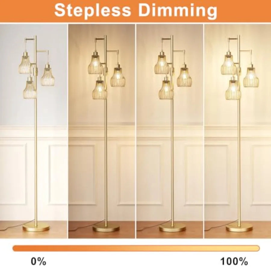 Dimmable Gold Floor Lamps for Living Room, 70" Farmhouse Tree Standing Tall Lamps with 3 Elegant Cage Shade and 800 Lumens LED