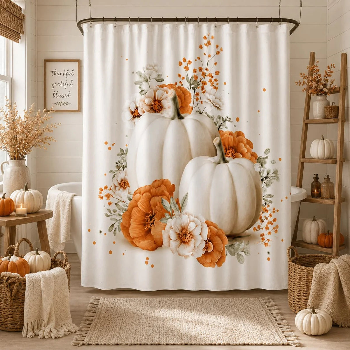 1pc Halloween Pumpkin Floral Shower Curtain, Quick-Dry, 71X71 Inch, Machine Washable with 12 Hooks, Rustic Farmhouse Autumn Spooky Bathroom Decor