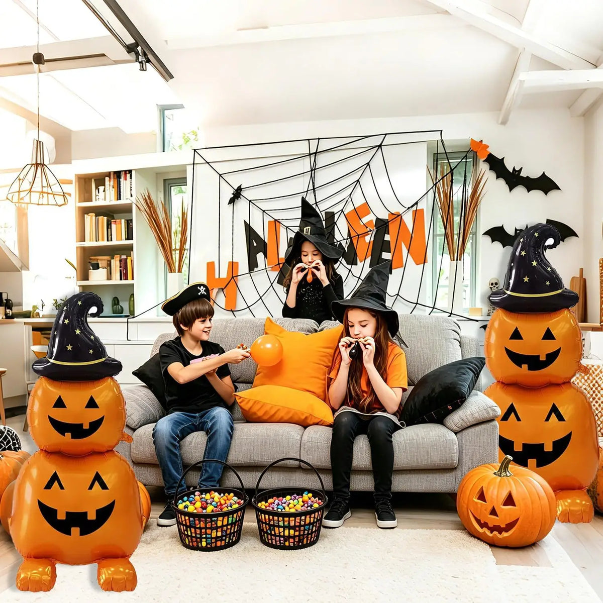 2Pcs Halloween Foil Balloons Standing Witch Stacked Pumpkin Balloons
