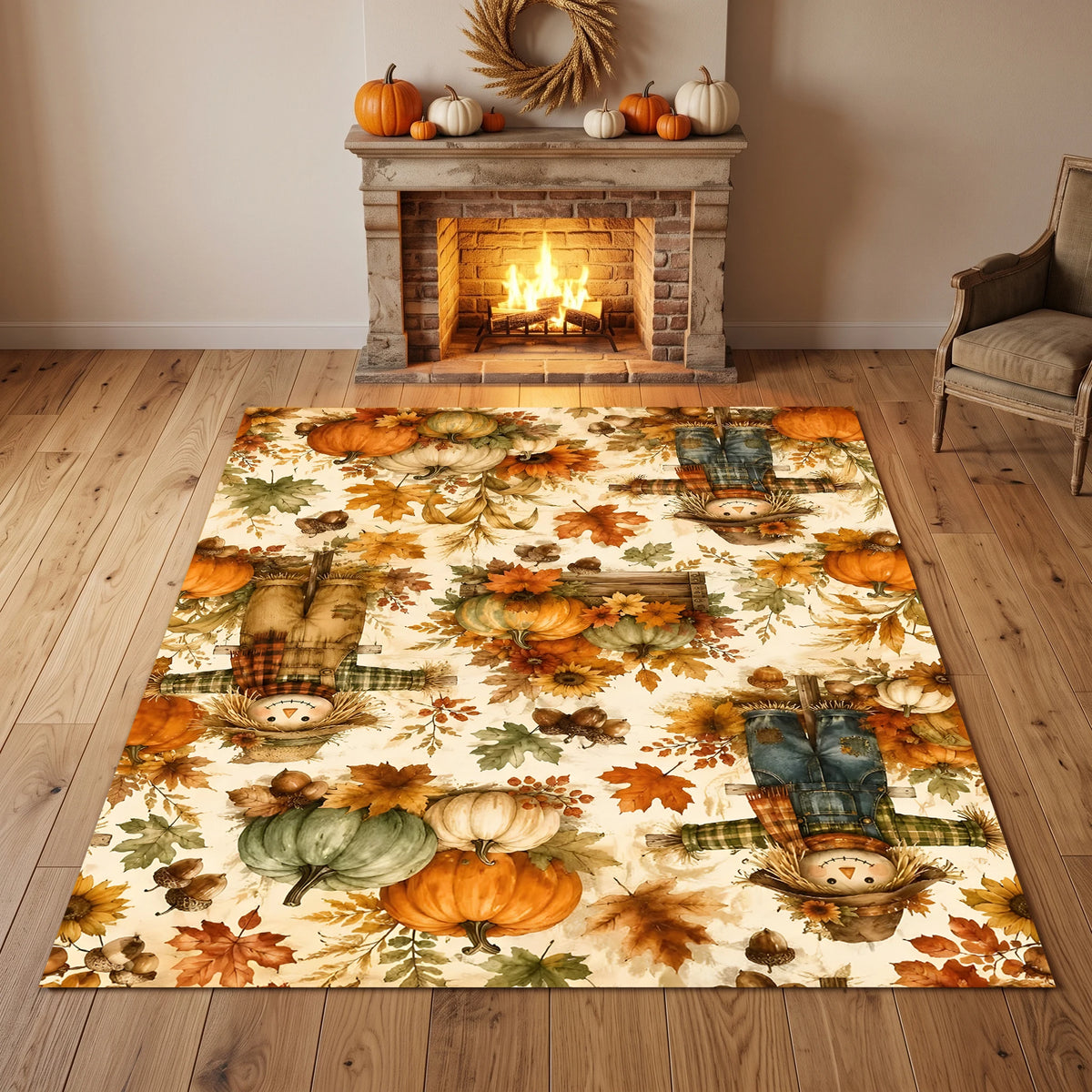 Scarecrow, Pumpkin, Autumn Maple Print, American Retro Style, Living Room, Entryway, Bedroom, Autumn and Winter Velvet Rug Creates a Warm Autumn Harvest Atmosphere