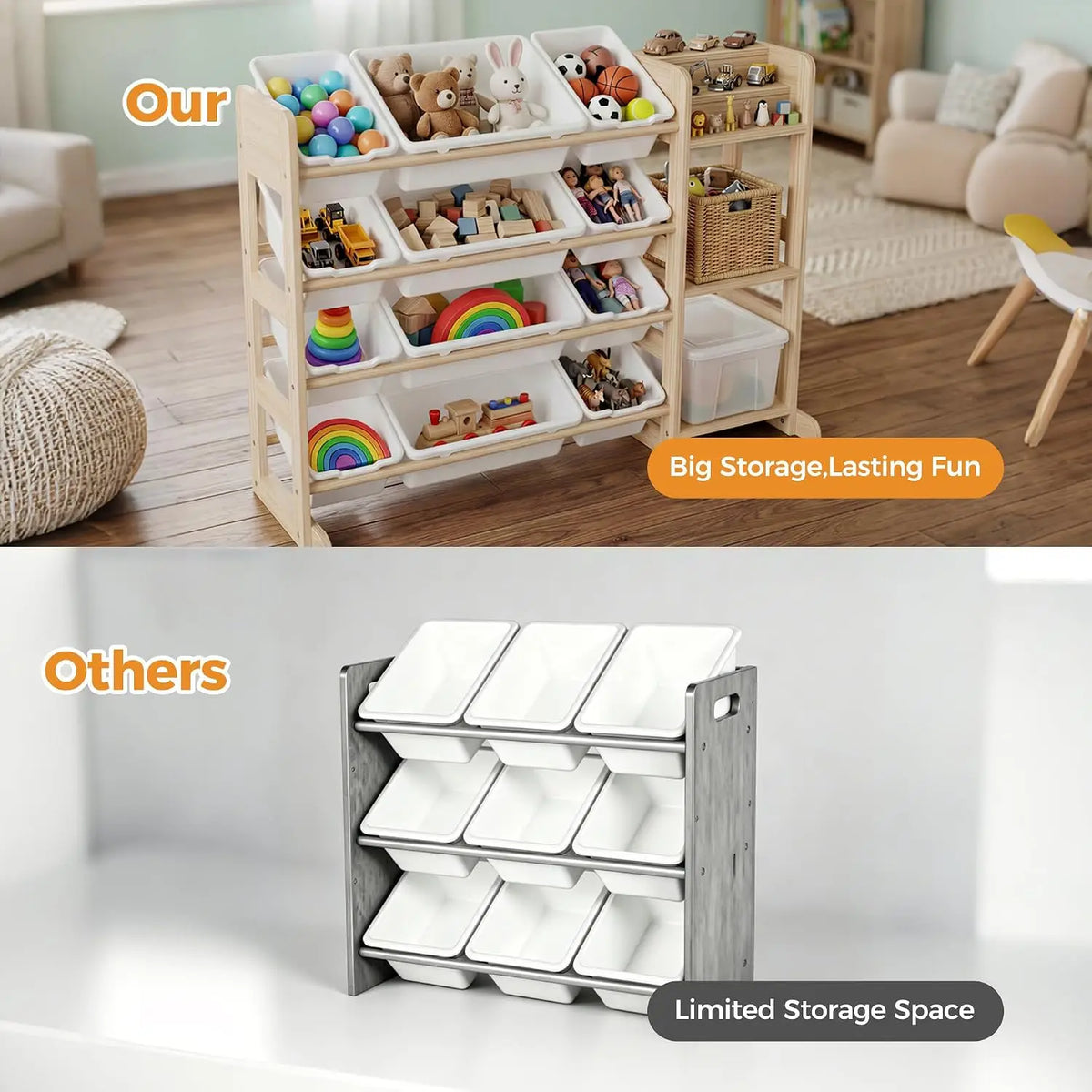 Tacleekii 42" 52" Wide Kids Toy Storage Organizer with 12 Bins & 3 Open Shelves Solid Wood Bookshelf Cabinet Storage Unit for Playroom Bedroom Living Room