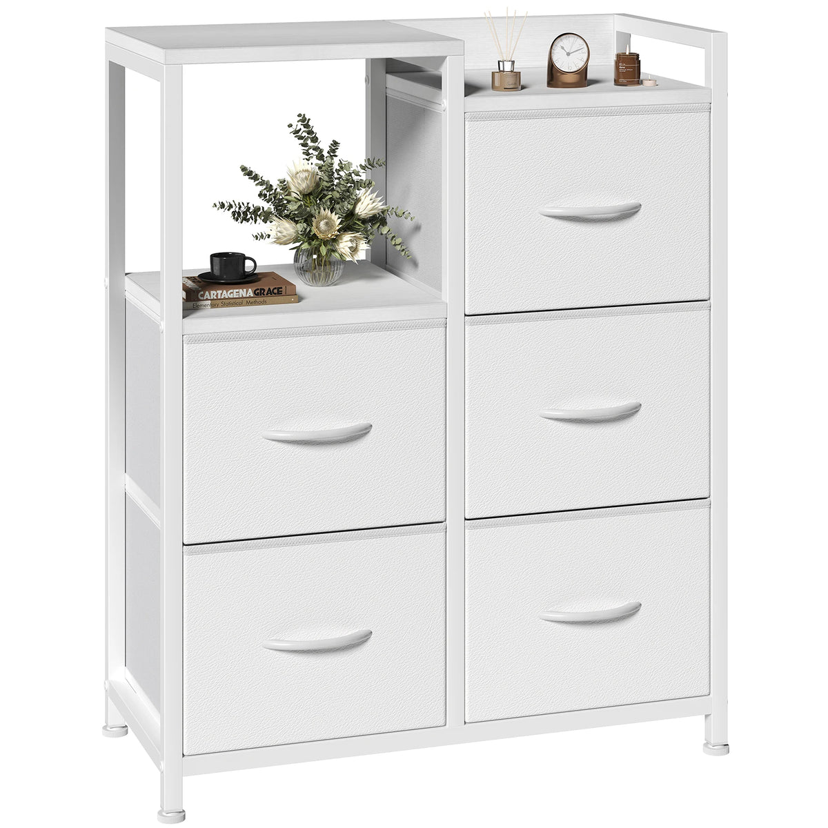 JHK  5 Fabric Drawer Chest with Raised Shelf Metal Frame TV Stands for Bedroom Storage Tower with Bins for Closet Organization Hallway Storage for Home