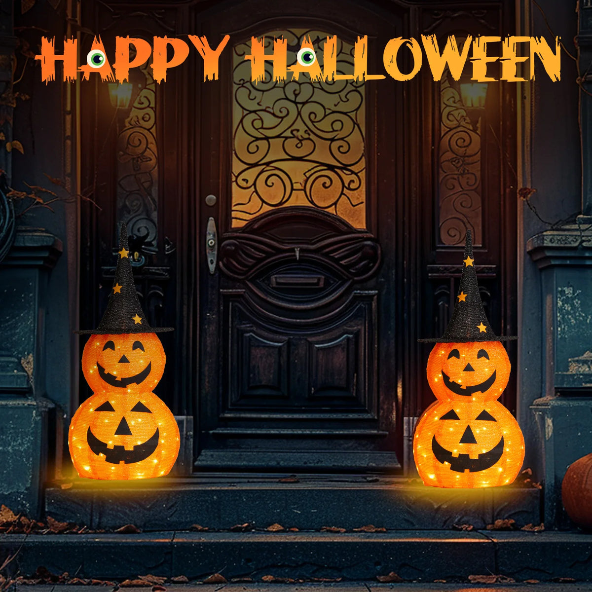2Pcs 3FT Halloween Collapsible Pumpkin Decorations with 150 Warm LED Lights, Pop Up Lighted Pumpkin Ornament for Yard Lawn Holiday Decor