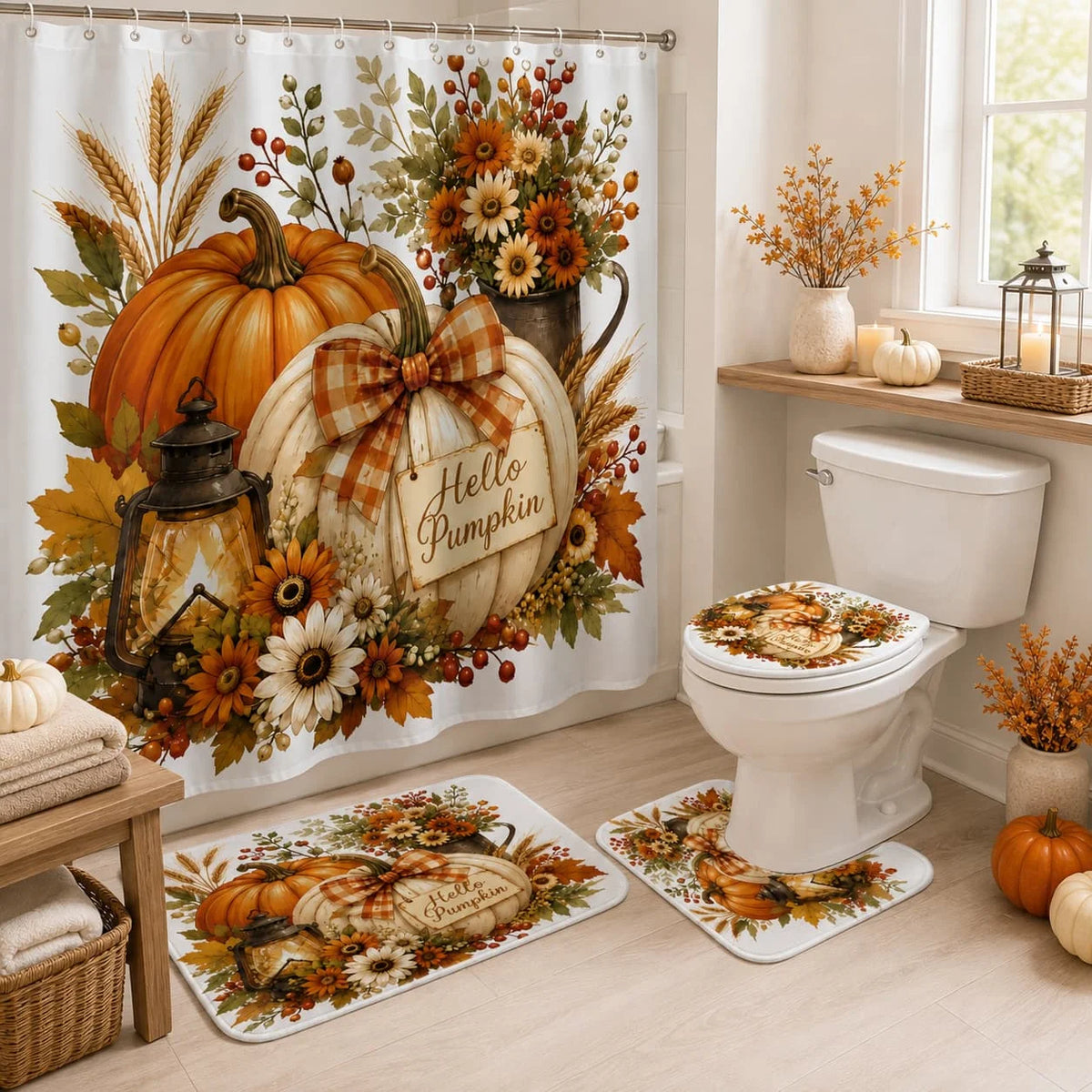 [Thanksgiving] 2D Flat, 2D Flat 4pcs Autumn Harvest Thanksgiving Pumpkin Shower Curtain Set for Bathroom Decoration (2 X 1 X Toilet Lid Cover 1 X Shower Curtain)