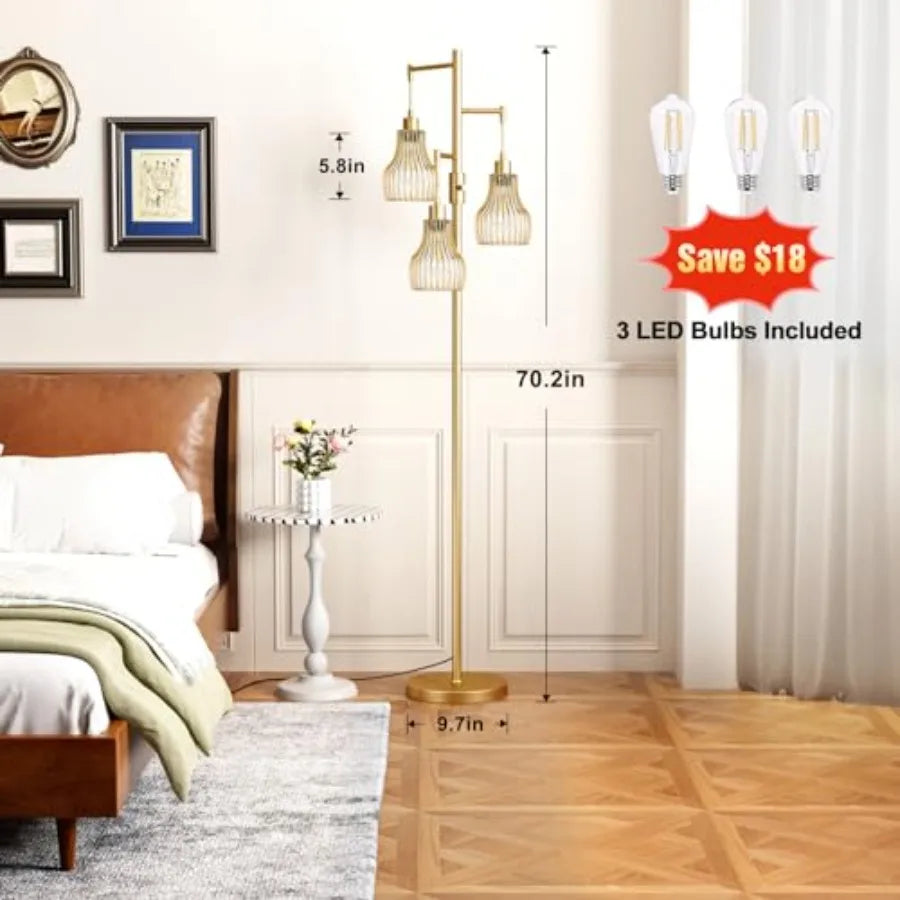 Dimmable Gold Floor Lamps for Living Room, 70" Farmhouse Tree Standing Tall Lamps with 3 Elegant Cage Shade and 800 Lumens LED
