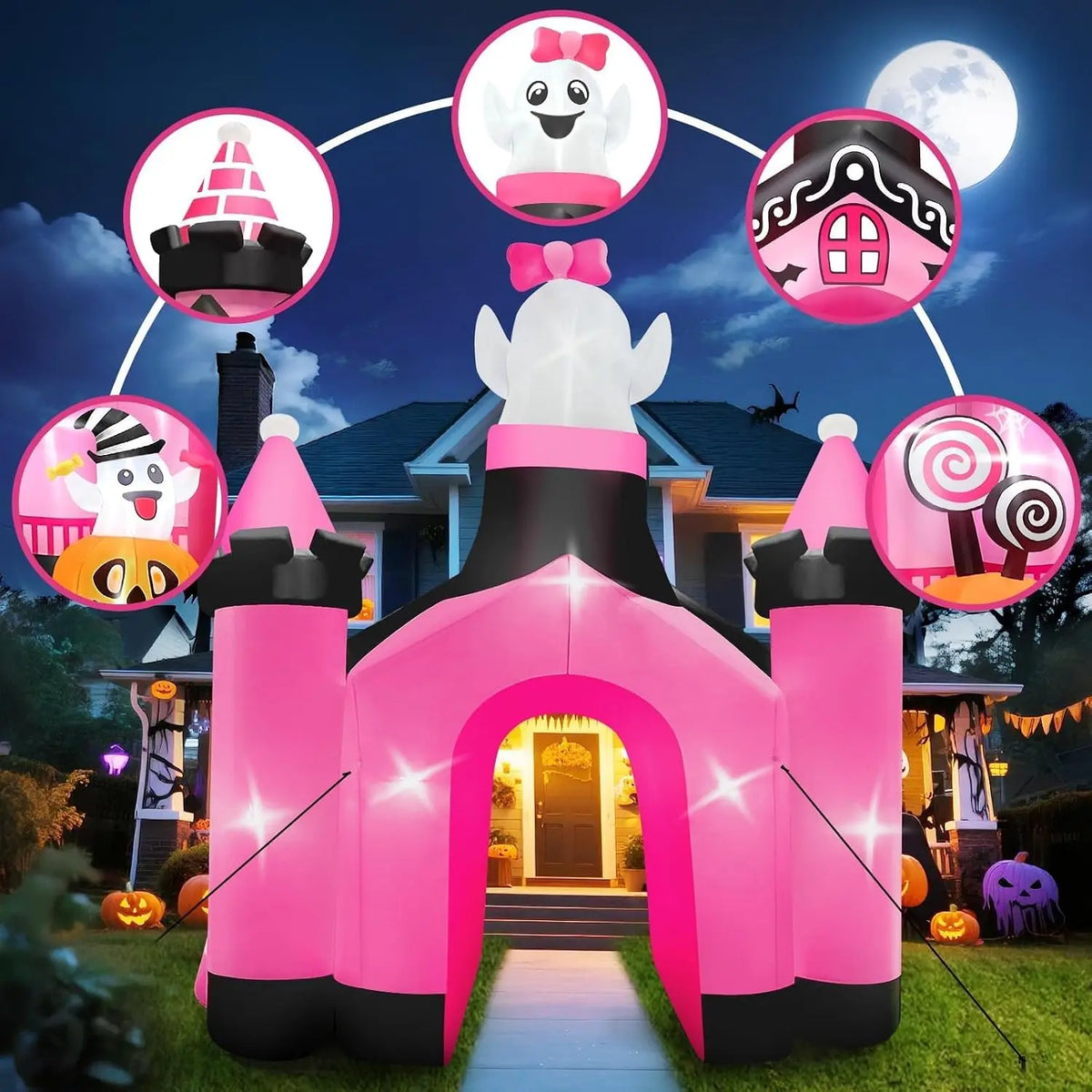 11 FT Halloween Inflatables Ghost Archway Outdoor Decor, Pink Castle Blow Up Yard Decoration with Built-in Lights, Scary Inflatable for Yard, Garden, Lawn, Indoor & Outdoor Use