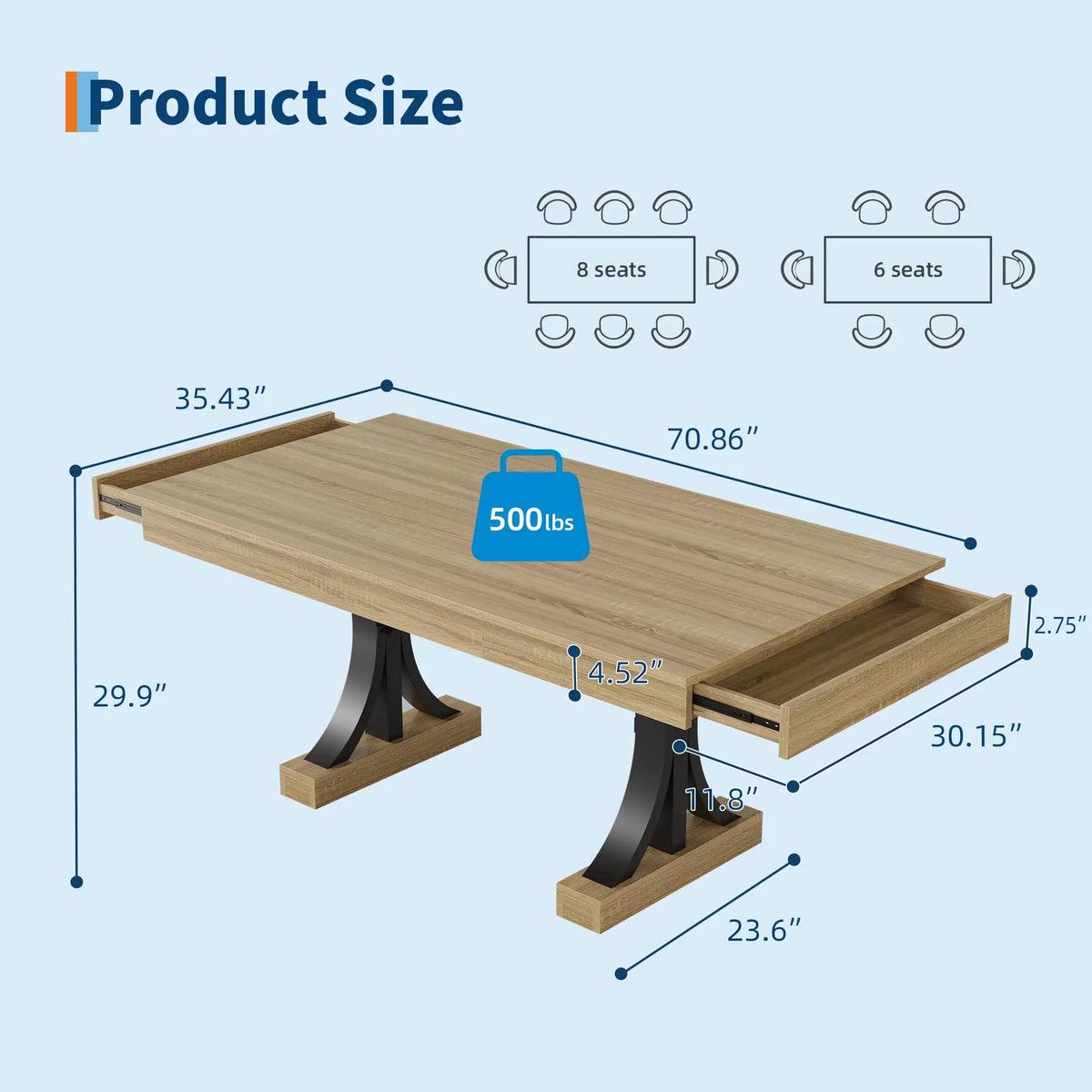 HiMISS Industrial Dining Table With Drawers And Pedestal Base