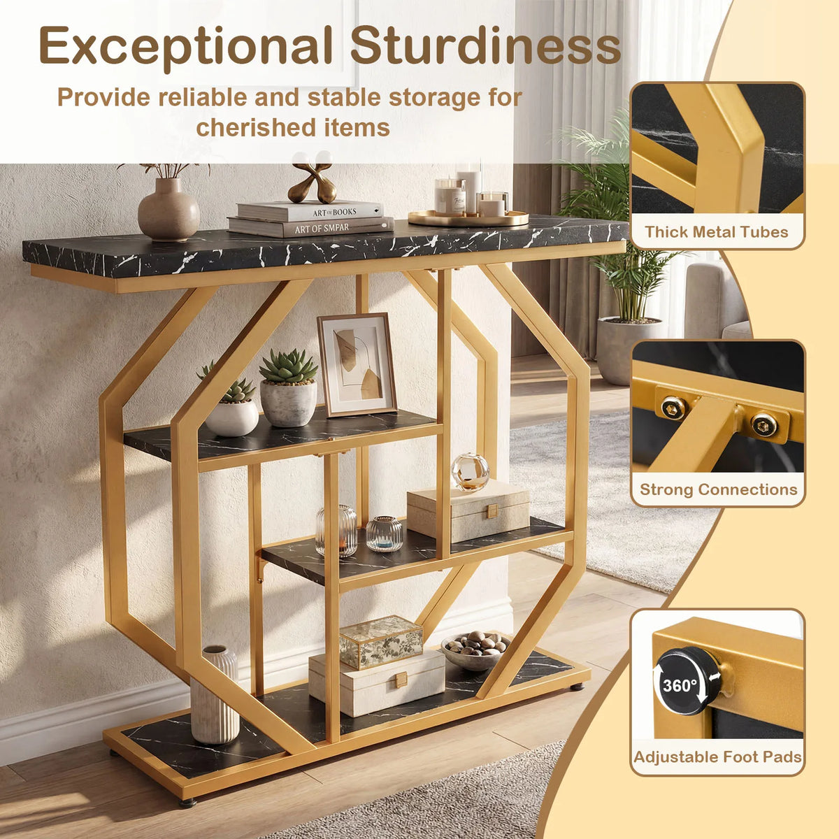40” Console Table w/ Storage Shelves, Geometric Metal Frame for Hallway, Entrance