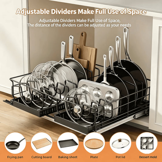 Adjustable Pull out Cabinet Storage Organizer Sliding Pot Lid Pan Rack for Kitchen - Dividers for Lids Bakeware & Plates