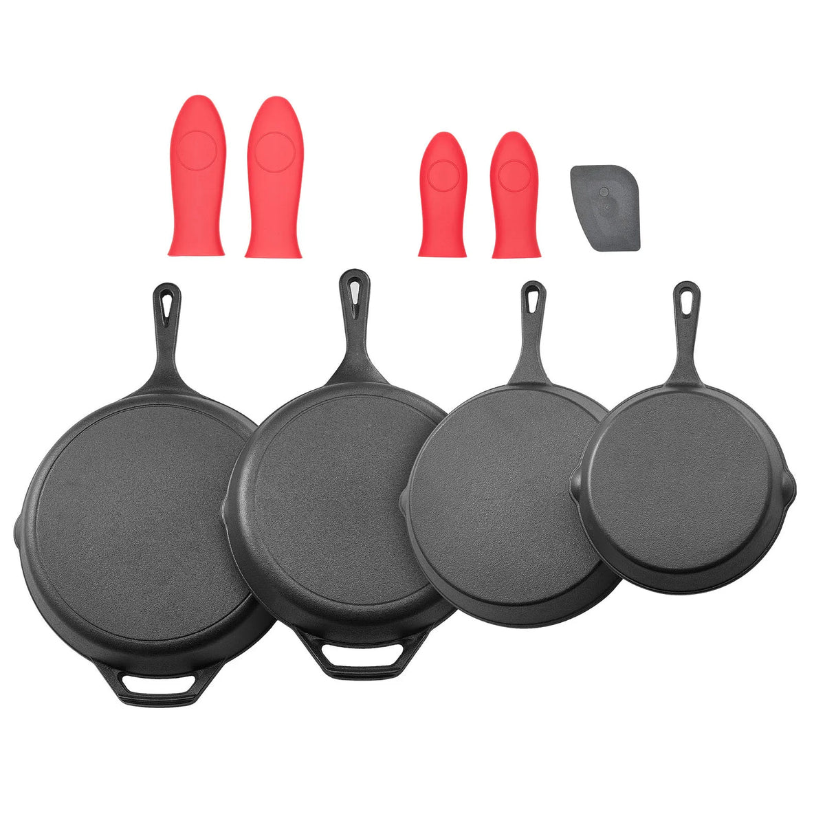 SucceBuy Cast Iron Skillet 4-Piece Frying Pan Set Skillets w/ Heat-Resistant Silicone Handle Kitchen Cookware for Gas Electrical