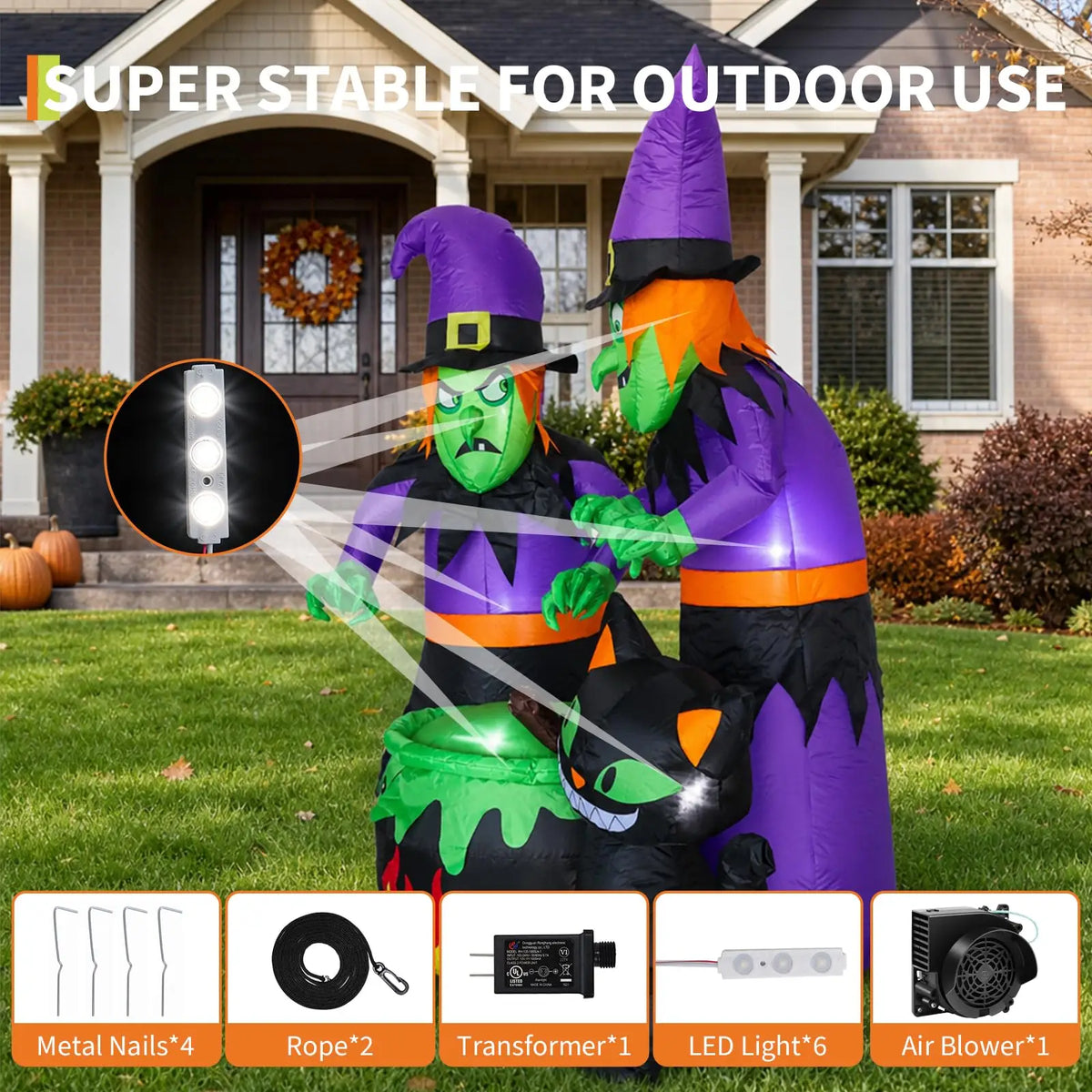 6ft Halloween Inflatable Witch Sisters Black Cat Cauldron With 6 Led Lights, Outdoor Yard Decor Blower For Lawn Porch Garden