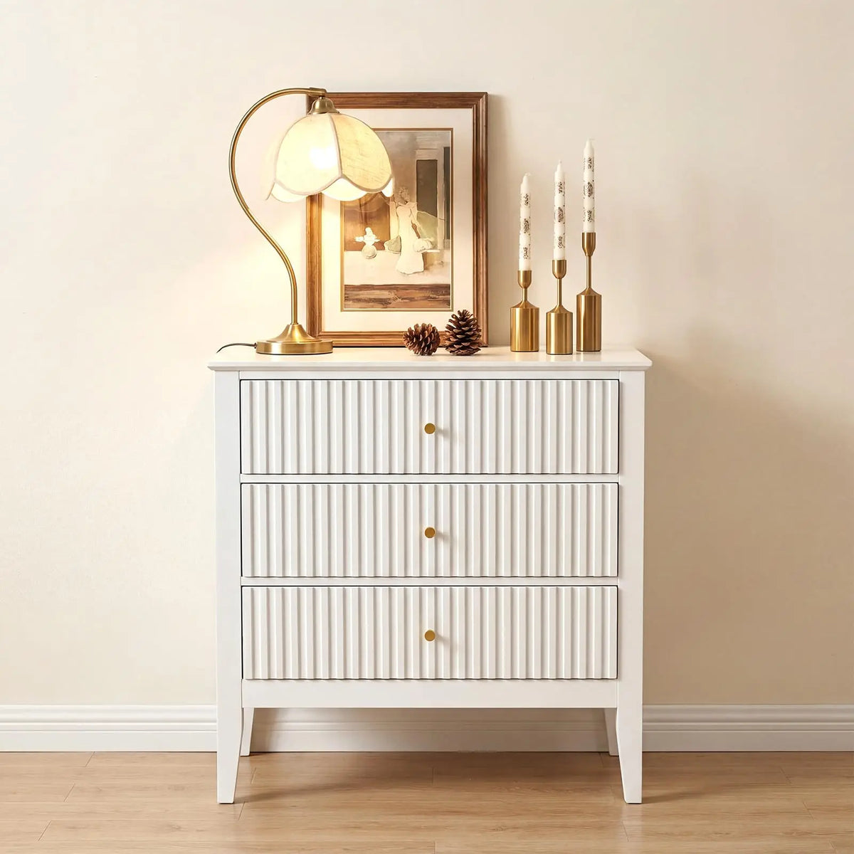 HiMISS Fluted Wooden Nightstand Featuring Charging Station And Drawers