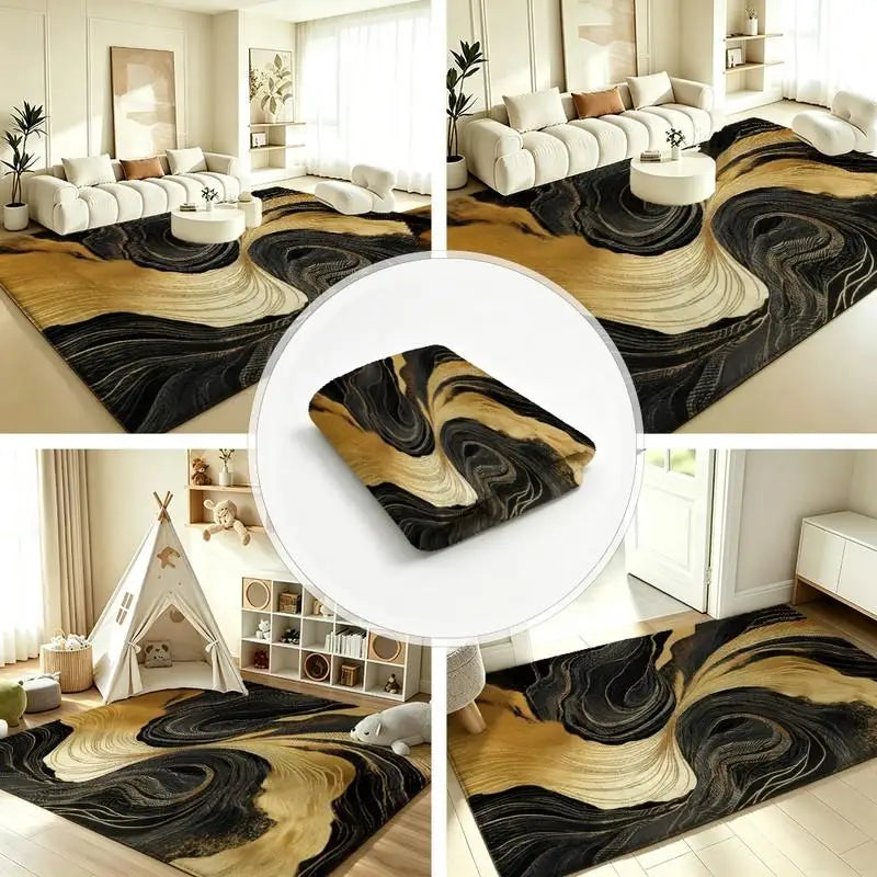 1 Piece Abstract Black And Gold Swirl Pattern Rug, Soft Comfortable, All Season, Lightweight Easy Care, Home Decor, Room Decor, Living Room Decor, Bedroom Decor, Dining Room Decor, Winter, Autumn