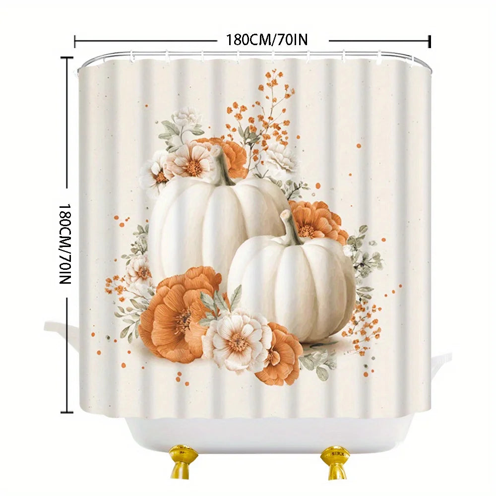 1pc Halloween Pumpkin Floral Shower Curtain, Quick-Dry, 71X71 Inch, Machine Washable with 12 Hooks, Rustic Farmhouse Autumn Spooky Bathroom Decor