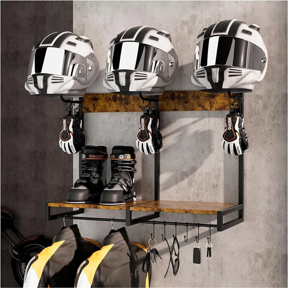 Motorcycle Helmet Holder, Wall-Mounted Rack With 4 Glove Chips & Hooks, Bike Helmets Storage Organizer For Helmets Gear Clothes