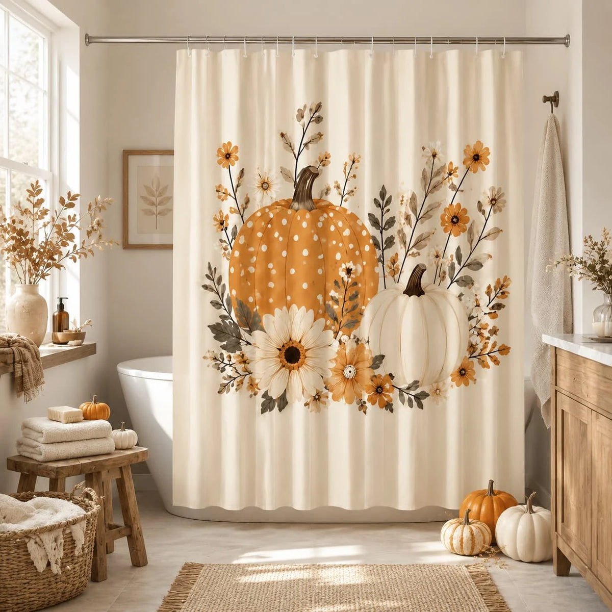 Autumn Pumpkin Floral Shower Curtain 71X71 Inches Polyester Fabric Farmhouse Fall Bathroom Decor with 12 Hooks Rustic Orange White Pumpkin Daisy Botanical Print