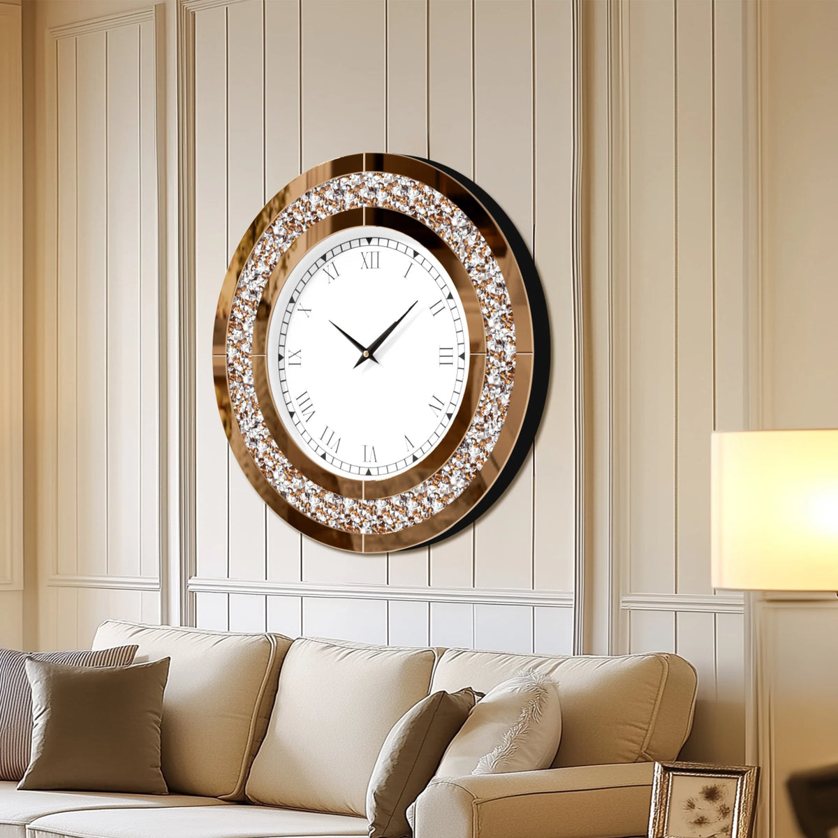 Large Wall Clock Silver Tawny Tinted Crushed Diamond Inlay Clock 80CM Round Decorative Mirrored Clock