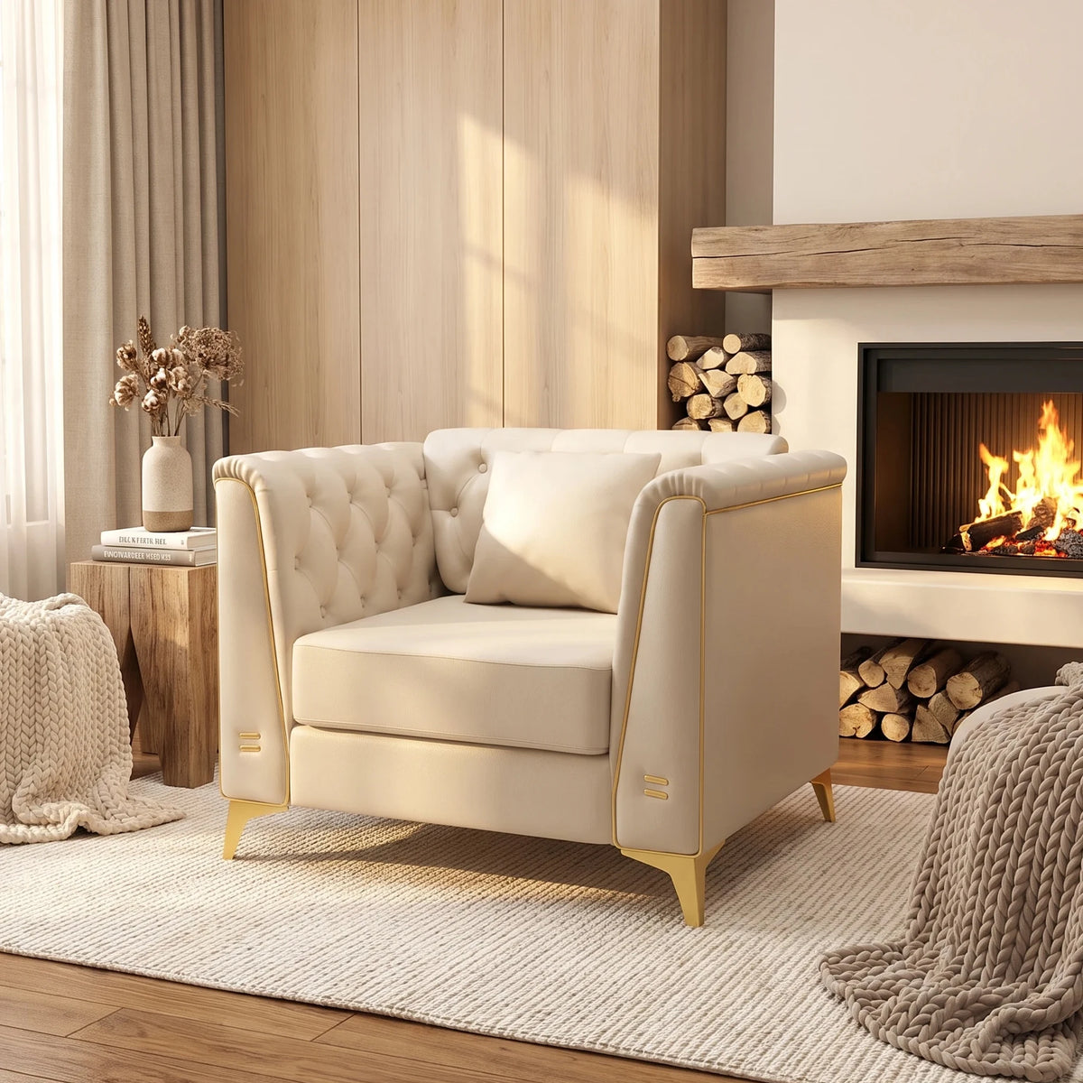40.1" Light Luxury 1-Seater Chesterfield Style Sofa Faux Leather Upholstered Single Sofa Chair Armchair with Handmade Button Tufted Backrest Metal Trim Armrests & Slim Metal Legs Comfortable Thick Seat Cushion Accent Furnitur