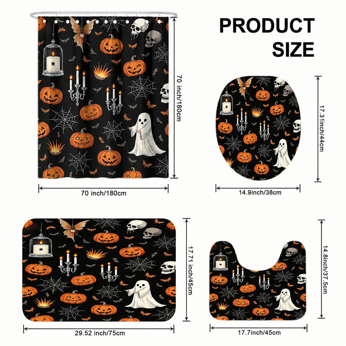 4pcs Halloween Printed Shower Curtain Set, Includes 12 Plastic Hooks, Machine Washable, Bathroom Accessories, Holiday Decor, Holiday Gift, Bathroom Decoration, Home Decor