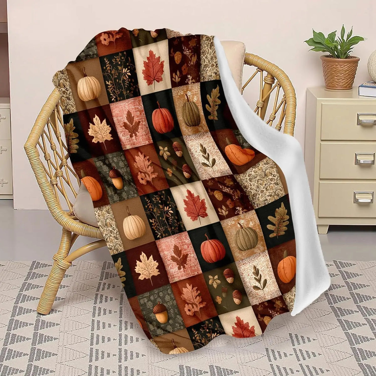 Fall Blanket 50"x60" Autumn Plaid Pumpkin Maple Leaves Acorns Throw Blankets Seasons Soft Warm Cozy Lightweight Rustic Harvest Thanksgiving Flannel Throw Blanket for Couch,Bed,Living Room,Dorm,Travel