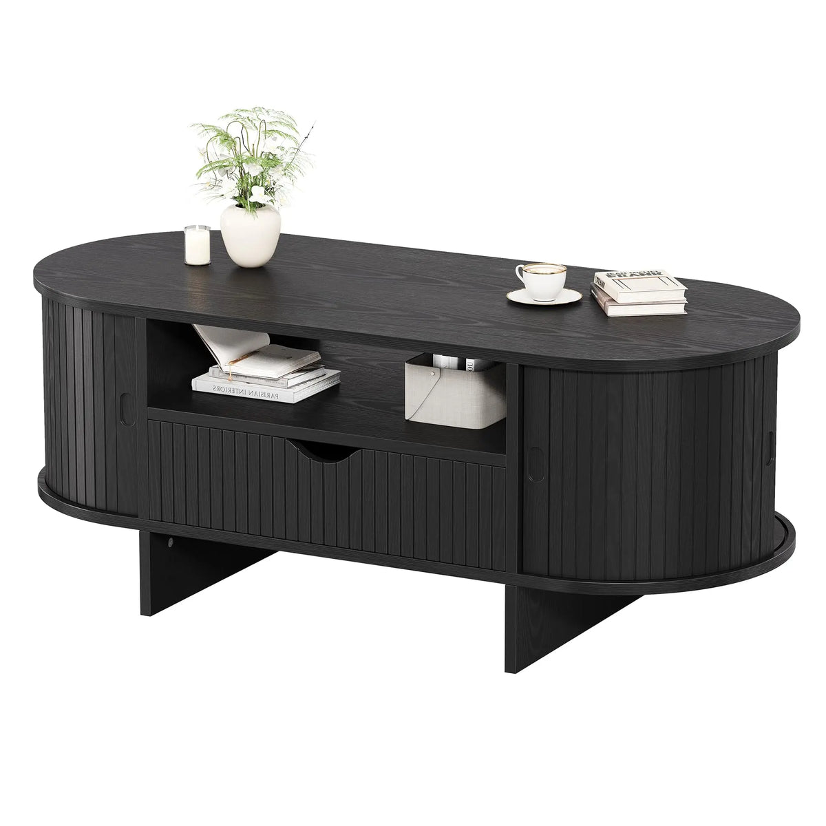 HiMISS Modern Fluted Oval Coffee Table With Storage Cabinet