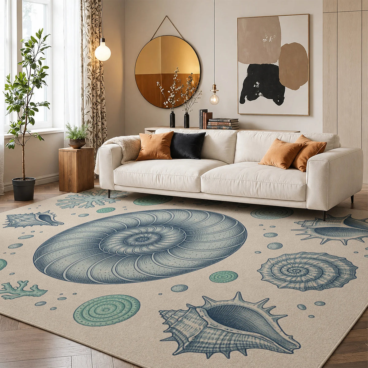 Coastal Seashell Nautilus Coral Pattern Velvet Area Rug, Machine Washable Soft Floor Mat for Living Room Bedroom Dining Room Entryway, Perfect for Halloween Thanksgiving Christmas New Year Home Decor