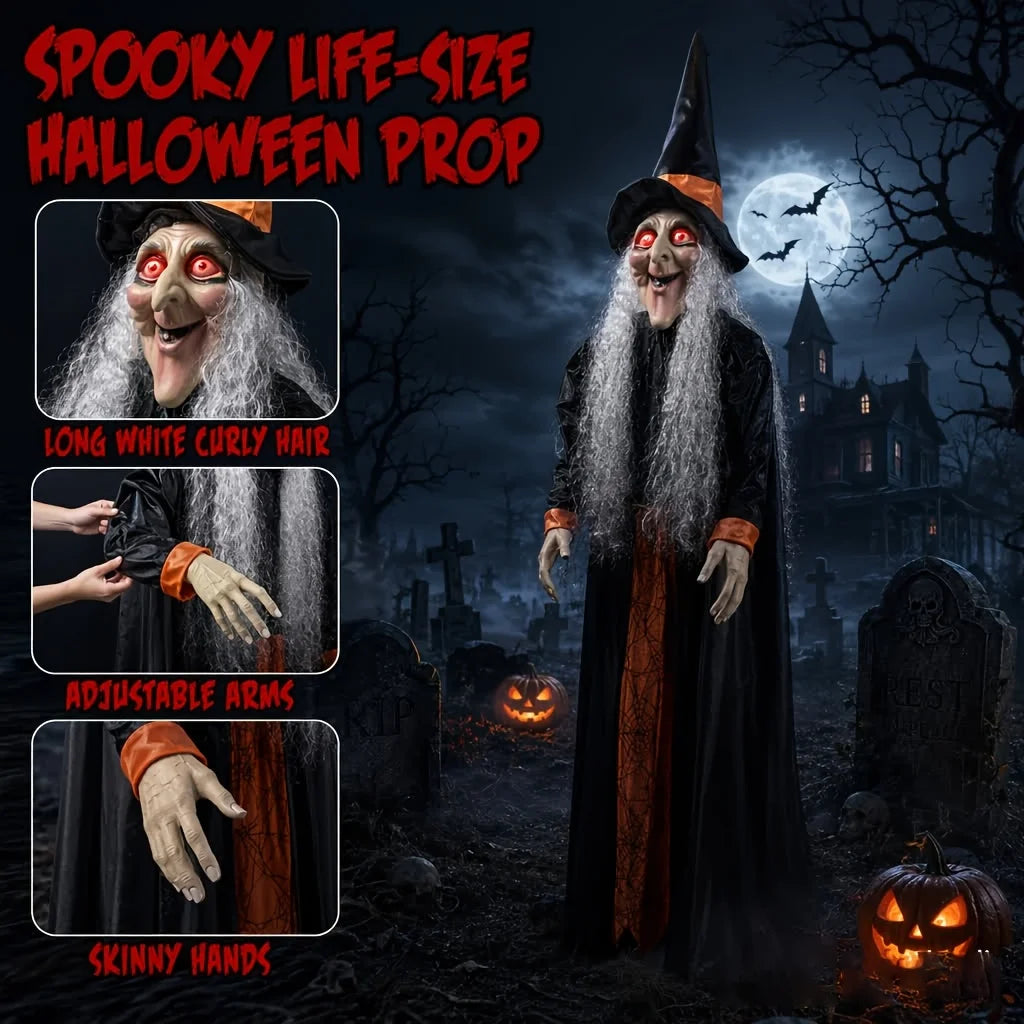 3D Halloween Glowing Witch Decoration Life Size Human Height Oversized Standing Design Black Gauze Robe Pumpkin Lantern Porch Scene Display Terrifying Holiday Atmosphere