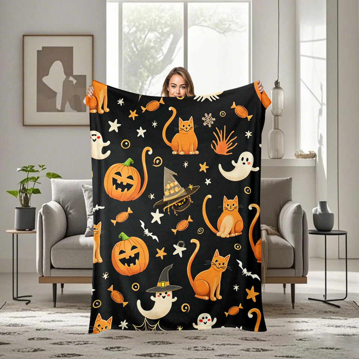 Halloween Flannel Throw Blanket Suitable for All- Cozy Bedspread with Playful Orange Cats, Ghosts & Jack-o'-Lanterns on Black - Soft Machine Washable Bedspread for Room,, or Decor - Ideal Holiday Gift for Year-Round