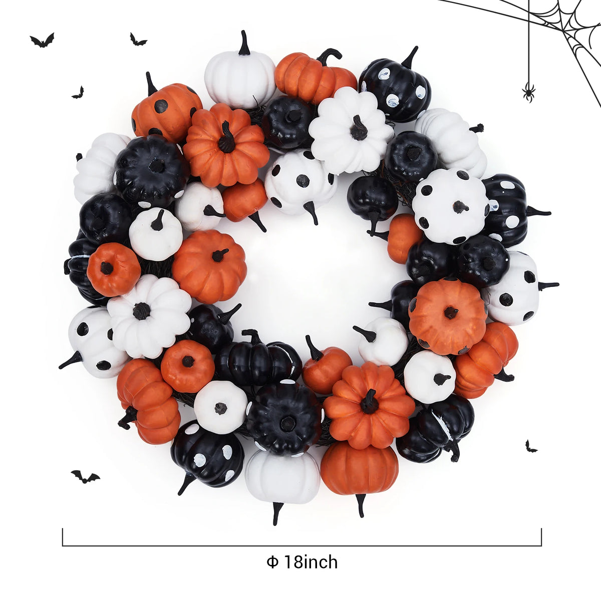 Halloween Pumpkin Wreath, with Orange, Black and White Pumpkins, Rattan Bottom Thanksgiving Indoor Home Party Decor