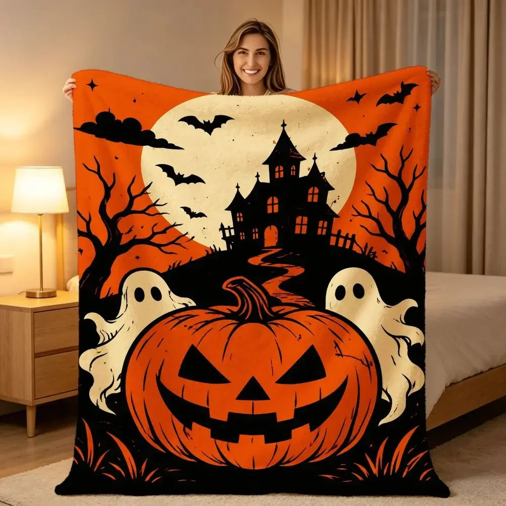 Halloween Throw Blanket Orange Black Pumpkin Ghost Haunted Mansion Moon Bats Cozy Soft Flannel Blanket for Sofa Living Room Travel Camping Gift for Fall Halloween Decor