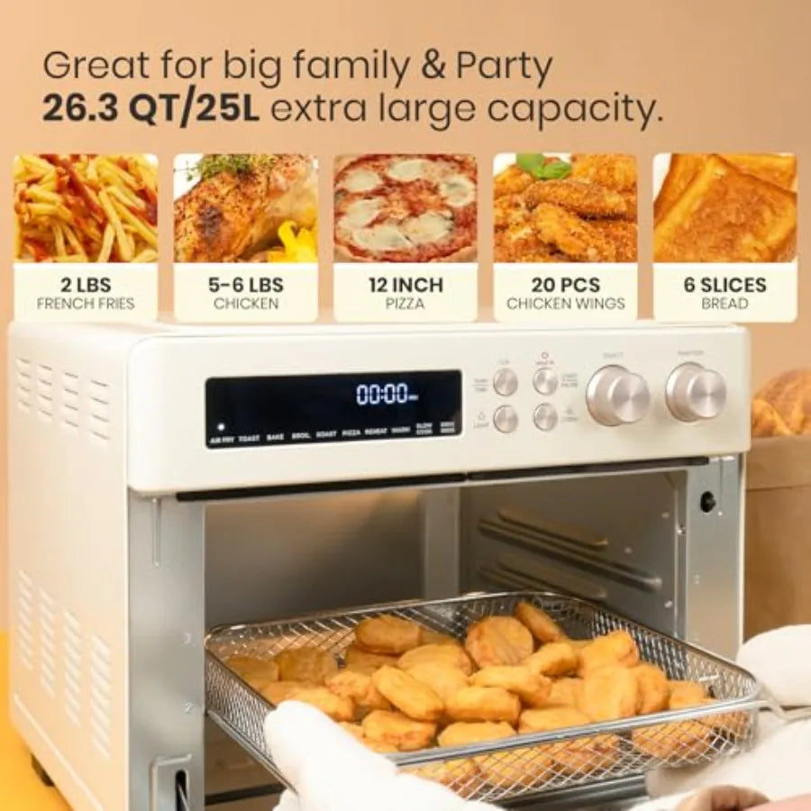 Retro countertop air fryer toaster oven, enamel-coated, black, 10-in-1 versatility with easy-clean baking pan and recipe book
