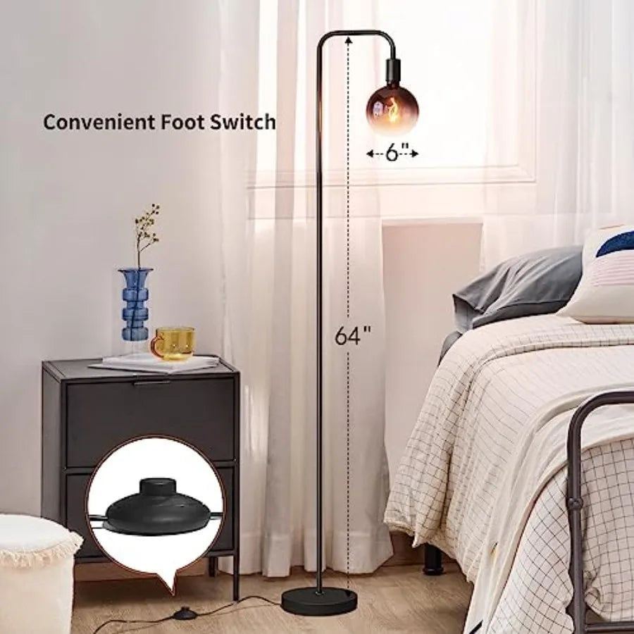 Floor Lamp for Living Room - Minimalist Industrial Standing Lamp with Modern LED Bulb, Globe Black Clear Glass 6", 1800K Warm A