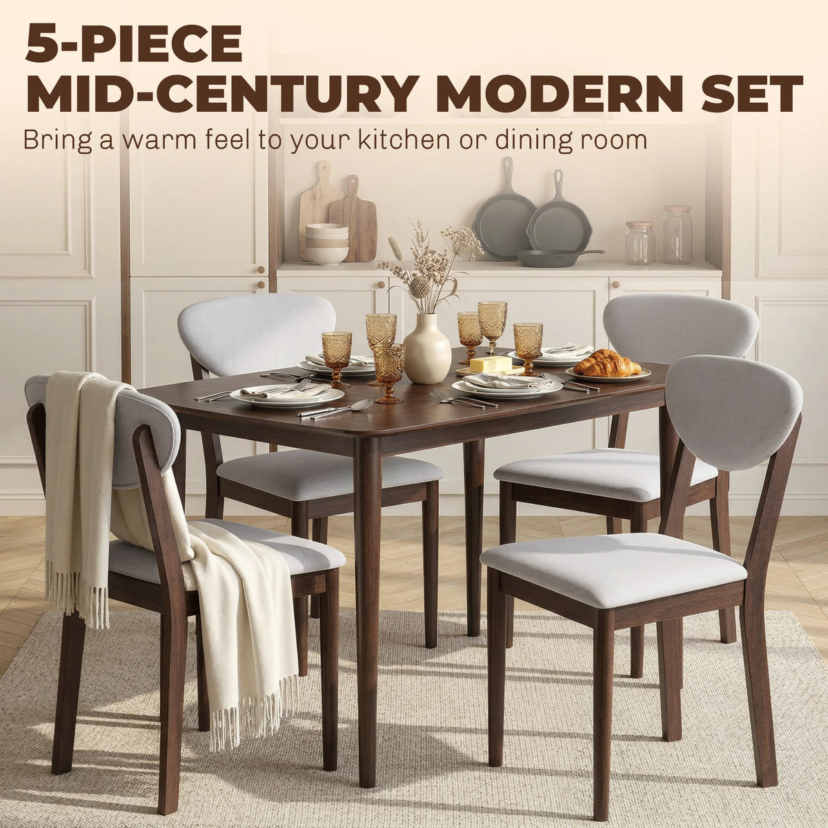 Homcom 5-Piece Dining Table Set for 4, Mid-Century Modern Kitchen Table and Chairs with Padded Seats and Backrests, Solid Wood Frame for Small Spaces, Dining Room, Living Room, Light Gray