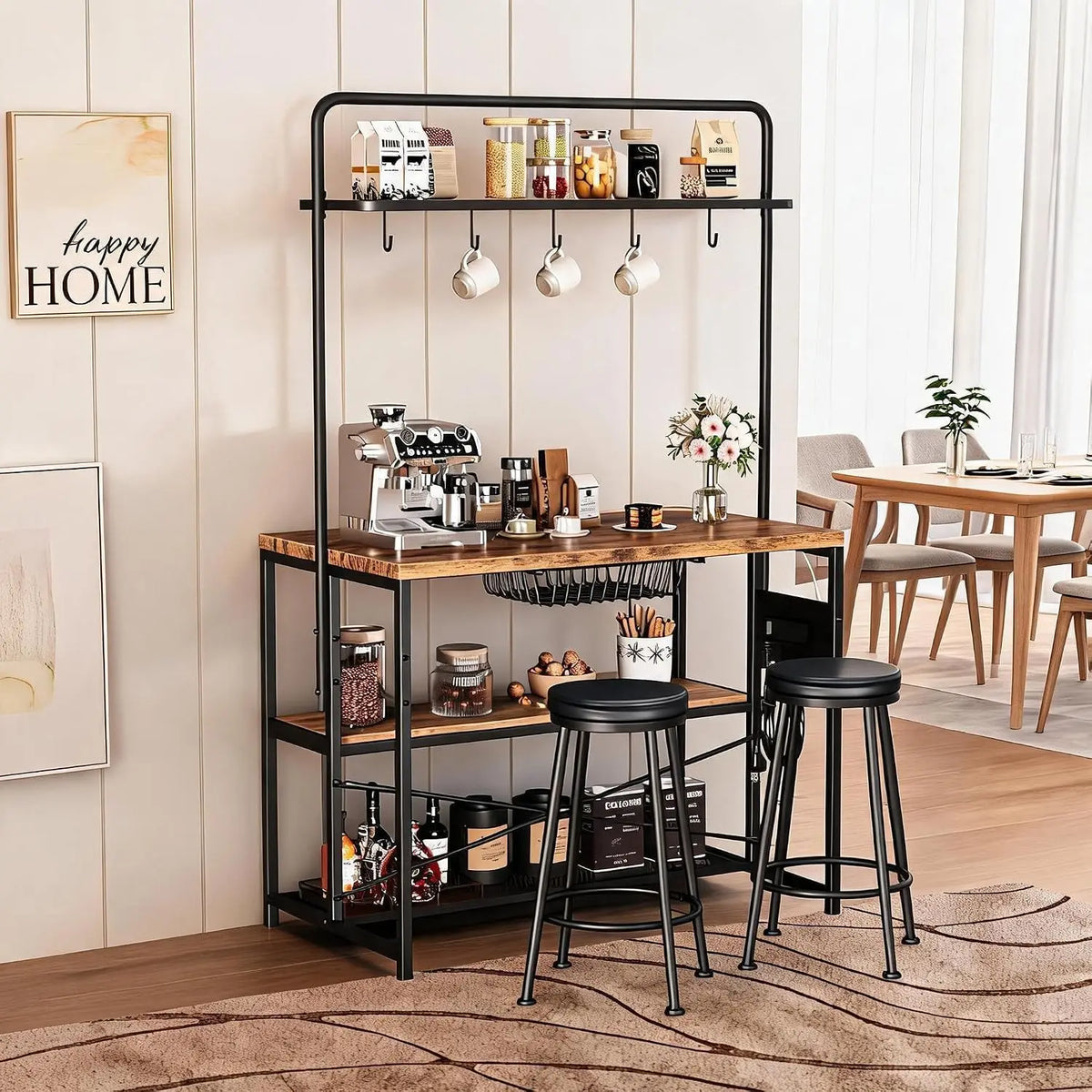 Industrial Kitchen Island Dining Table with Power Outlet: Includes 2 Bar Stools, 3-Tier Storage Shelves, 5 Hooks & Microwave Stand, Multifunctional Coffee Bar for Dining Room, Living Room