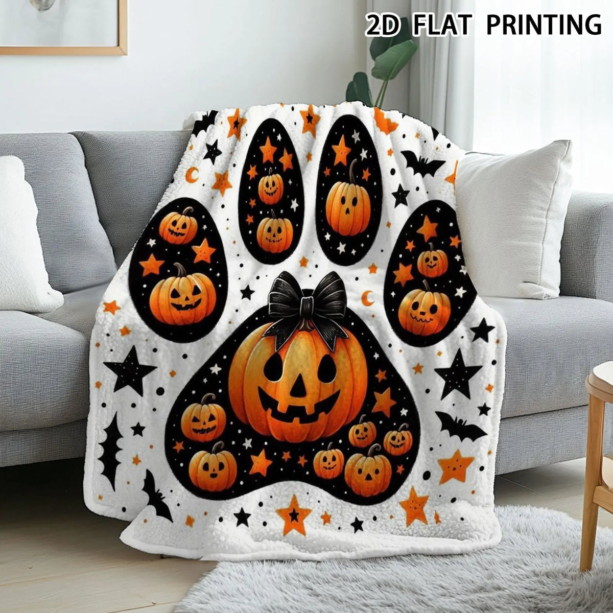 1pc, Halloween Paw Pumpkin Flannel Blanket, Cartoon Bowknot Design Printed Pattern, Camping Blanket, Nap Blanket, Outdoor Camping, Soft, Suitable for Sofas, Offices, All-Season Use, Birthday Gift