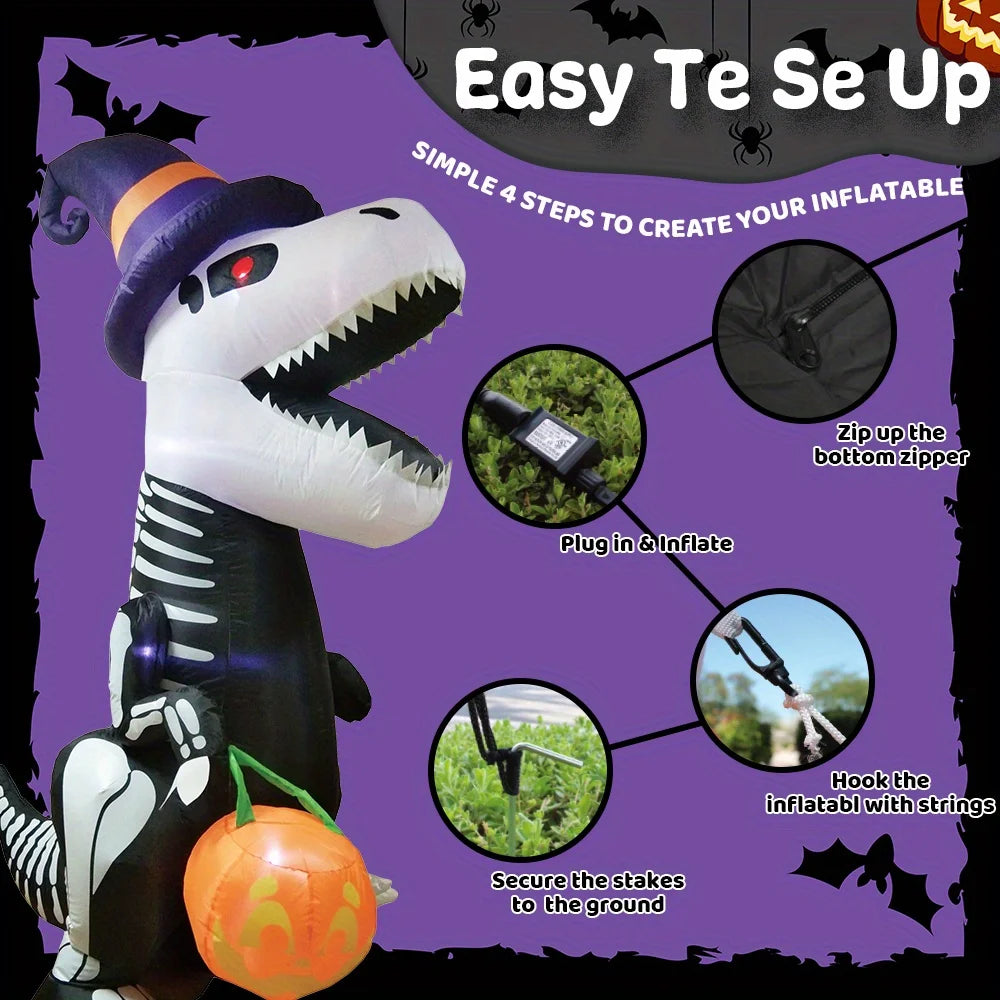 Halloween 8 FT Tall Skeleton Dinosaur Inflatables Outdoor Decorations Halloween Blow Ups for Yard, Inflatable Skeleton Dinosaur with Pumpkin for Outside Garden Decor