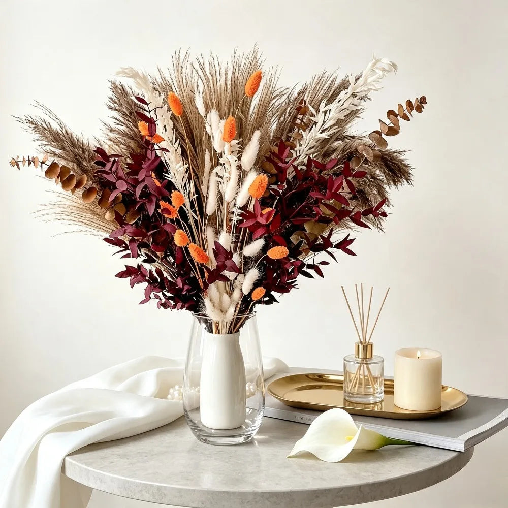 Autumn Mixed Dried Flower Bouquet Preserved Eucalyptus Bunny Tail Grass Pampas Grass Boho Dried Floral Arrangement For Vase Home Living Room Wedding Table Decor