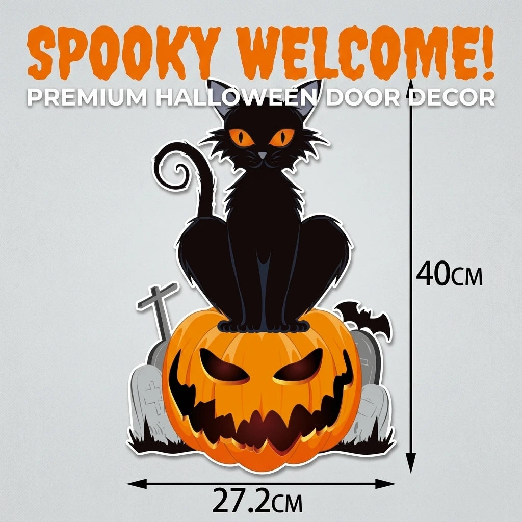 Halloween Door Hanging Decoration Spooky Black Cat on Pumpkin Jack-o-Lantern Wall Sign for Haunted House Party Bar Indoor Outdoor Home Decor Props 40 x 27.2cm
