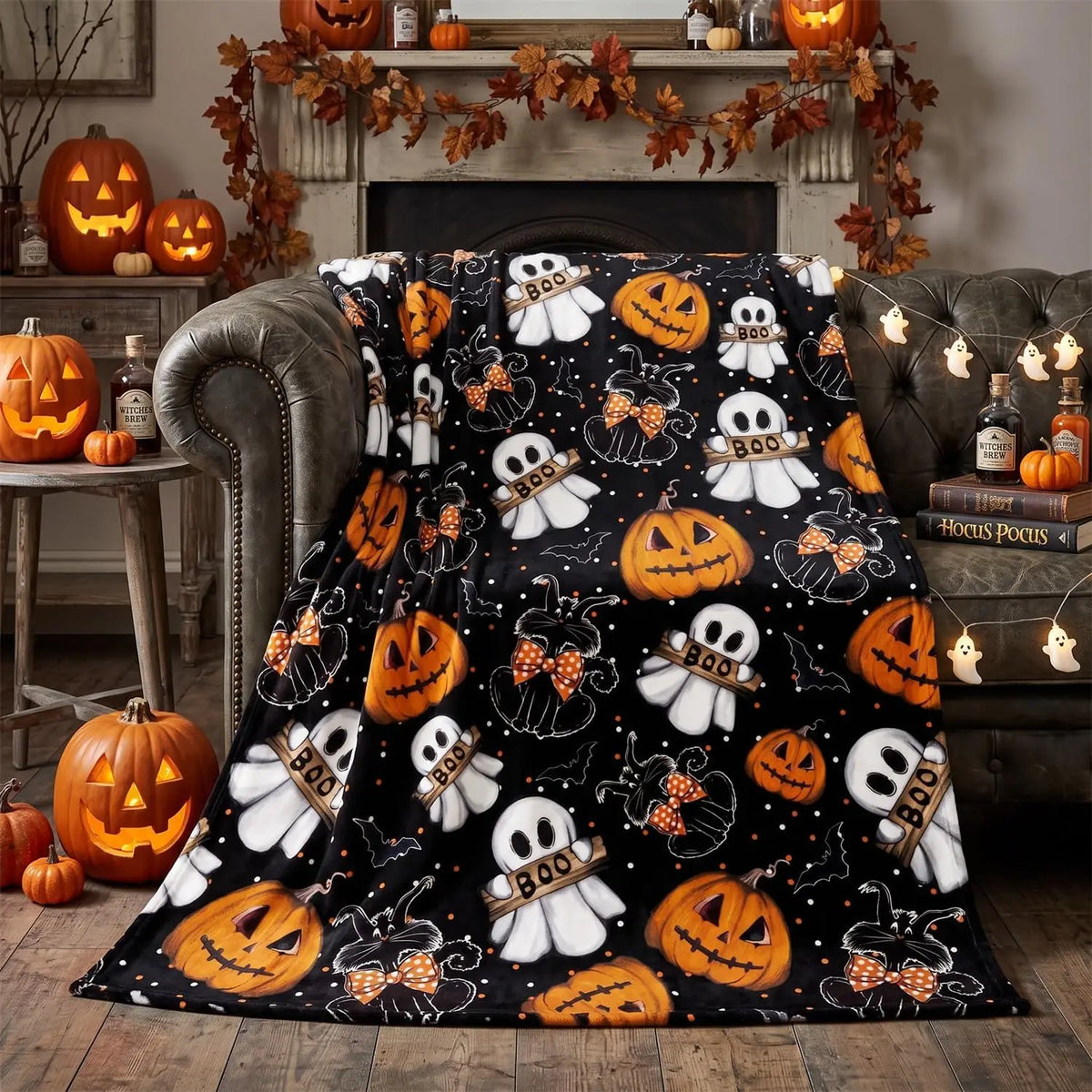 Horaldaily Halloween Black Pumpkin Ghost Cat Flannel Throw Blanket 50x60