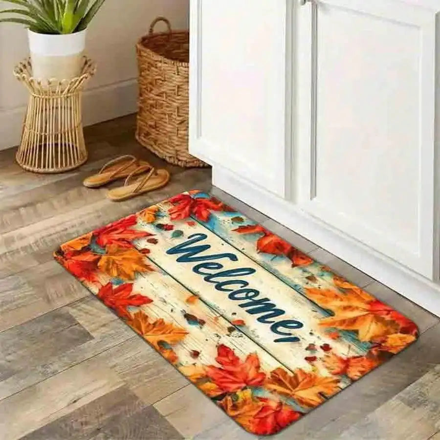 1pc Flannel Floor MatRustic Distressed Wooden Welcome Doormat With Vibrant Autumn Maple Leaves Fall Harvest Decorative Floor MatNon-Slip, Machine Washable, Soft
