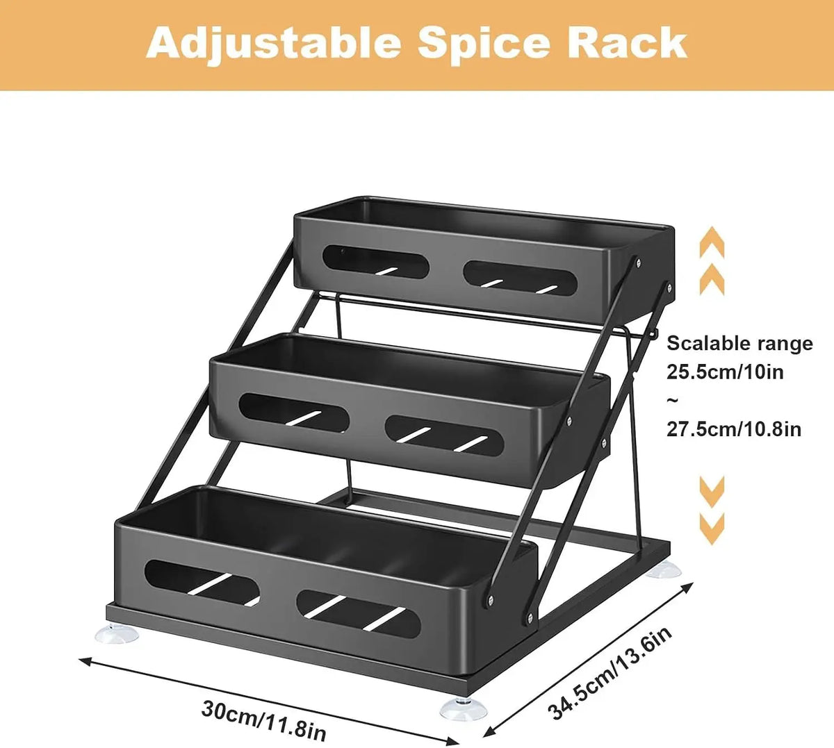 3-Tier Foldable Spices Rack, Adjusted Height 10-10.8Inch Carbon Steel Tiered Spice Rack with Non-Slip Suction Cups,Space-Saving Spice Rack Organizer for Cabinet