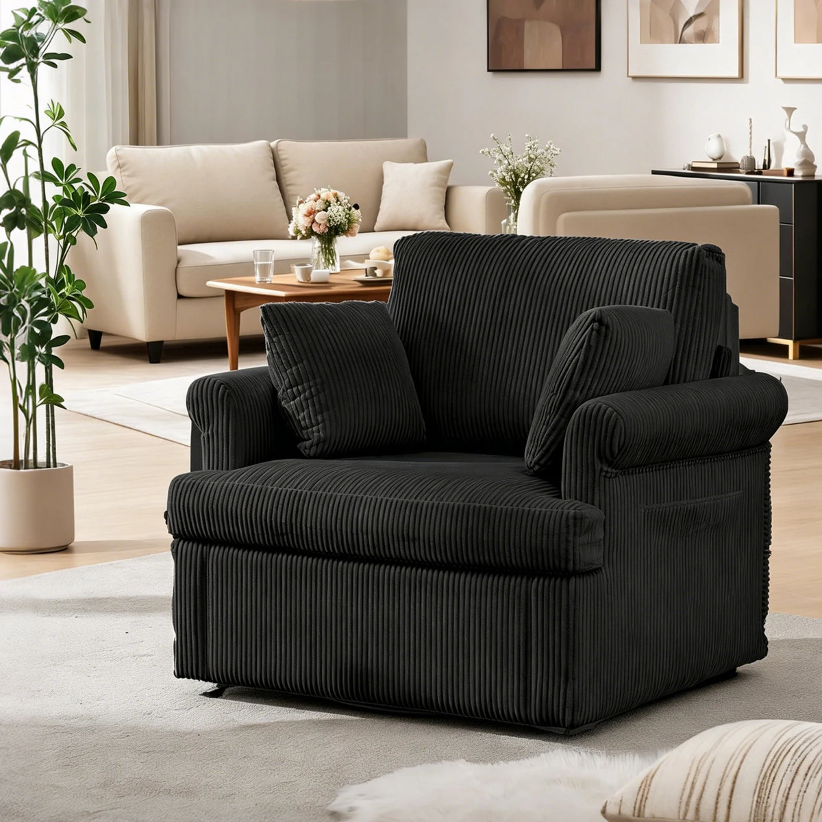 39-Inch 360 Swivel Accent Chair, Large Corduroy Barrel Armchair & 2 Pillows, Storage Pockets For Living Room Bedroom Home Office