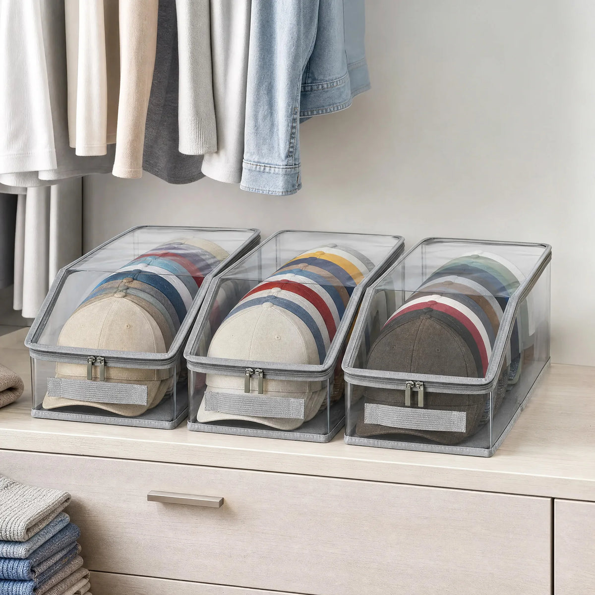 Hat Storage Organizer Box Clear PVC Baseball Cap Storage Container Stackable Dust‑Proof Cap Holder For Closet Wardrobe Under Bed