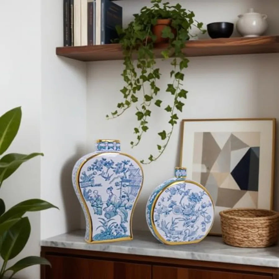 Blue and White Hand-Painted Ceramic Bud Vase with Gold Rim - Antique Chinese Porcelain for Home Decor Table Centerpieces in Liv