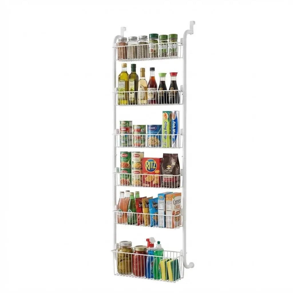 6 Tier Over the Door Pantry Organizer, Heavy Duty Metal Hanging Kitchen Storage Rack, Door Mount Spice Rack for Pantry Door Kitchen Bathroom